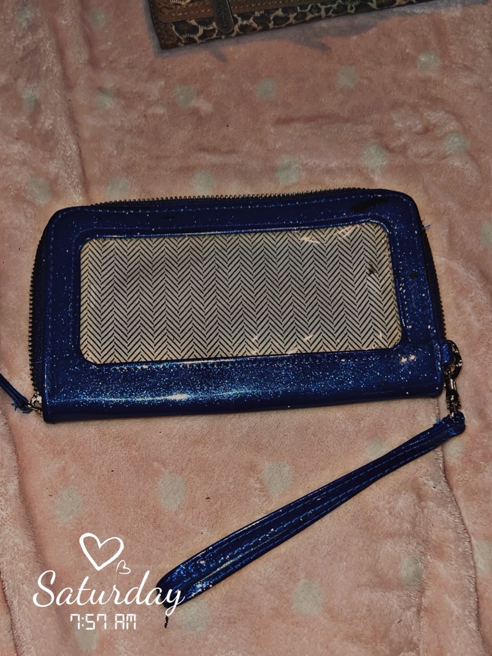 Blue Glitter Wristlet Wallet with Clear ID Window